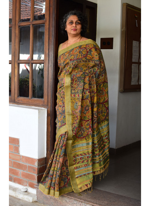 Mustard Yellow, Handwoven Organic Cotton,Textured weave, Hand painted, Natural Dye , Occasion Wear,Pen Kalamkari Saree
